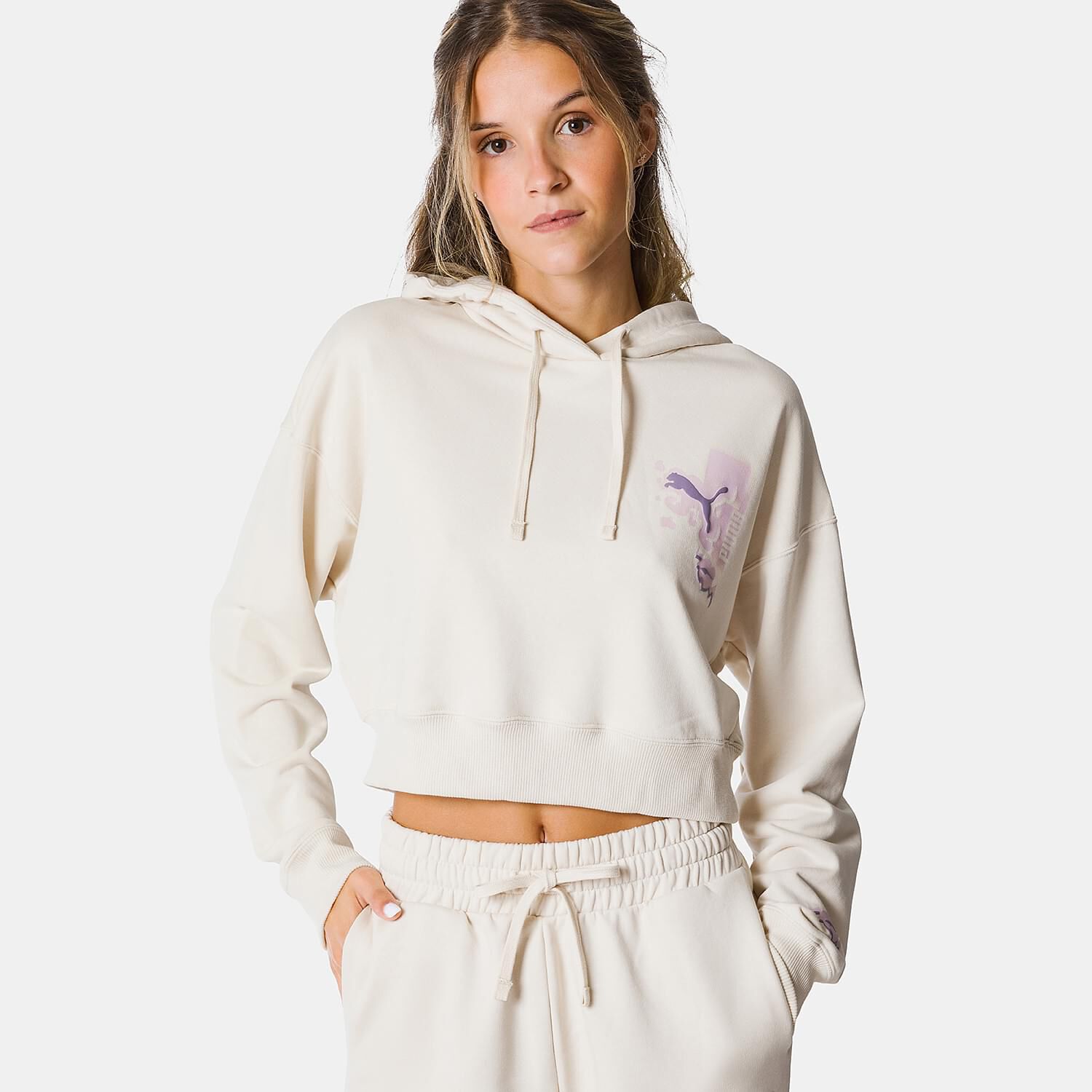 Felpa Puma Classics Brand Love Cropped beige e viola AW LAB