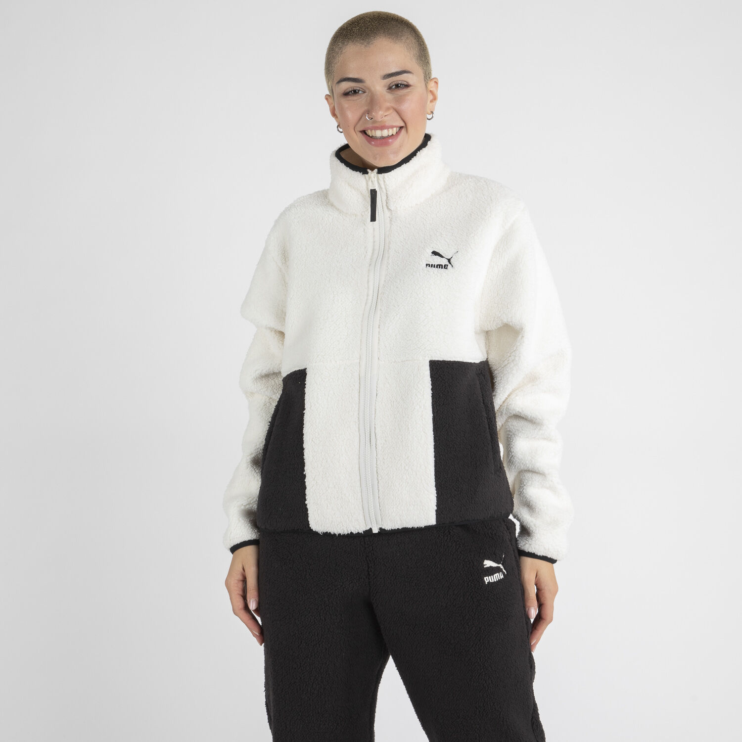 FELPA PUMA SHERPA BIANCO NERO DONNA AW LAB