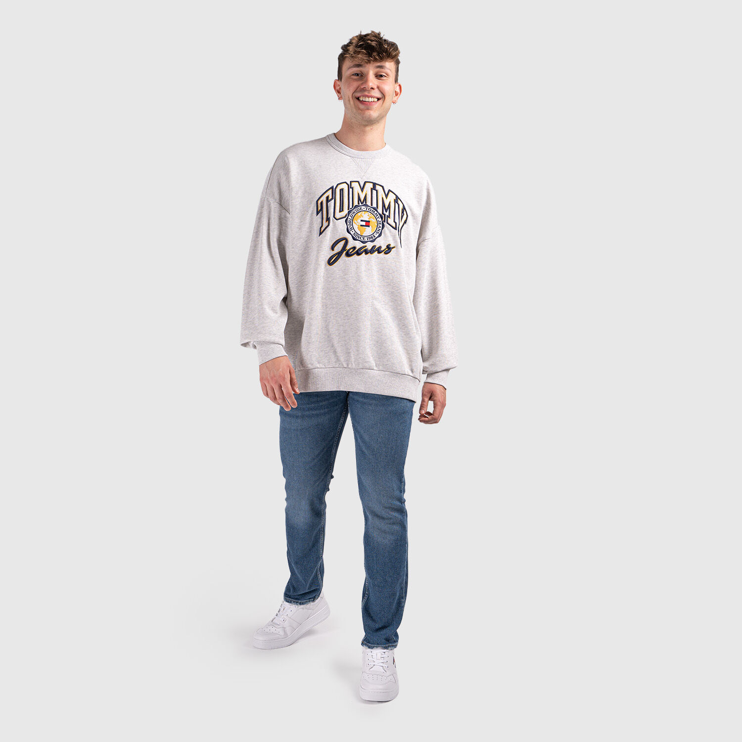 Felpa Tommy Hilfiger College Archive Crew grigia blu e gialla