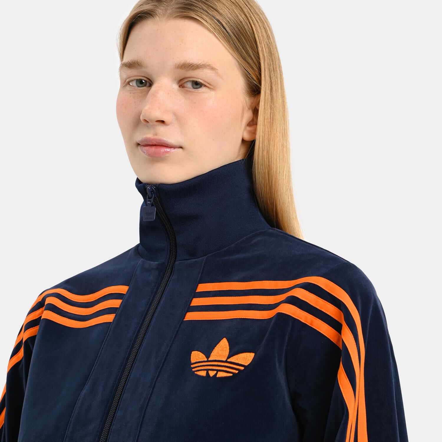 Felpa con zip adidas Track top 70s Velour blu e arancione AW LAB
