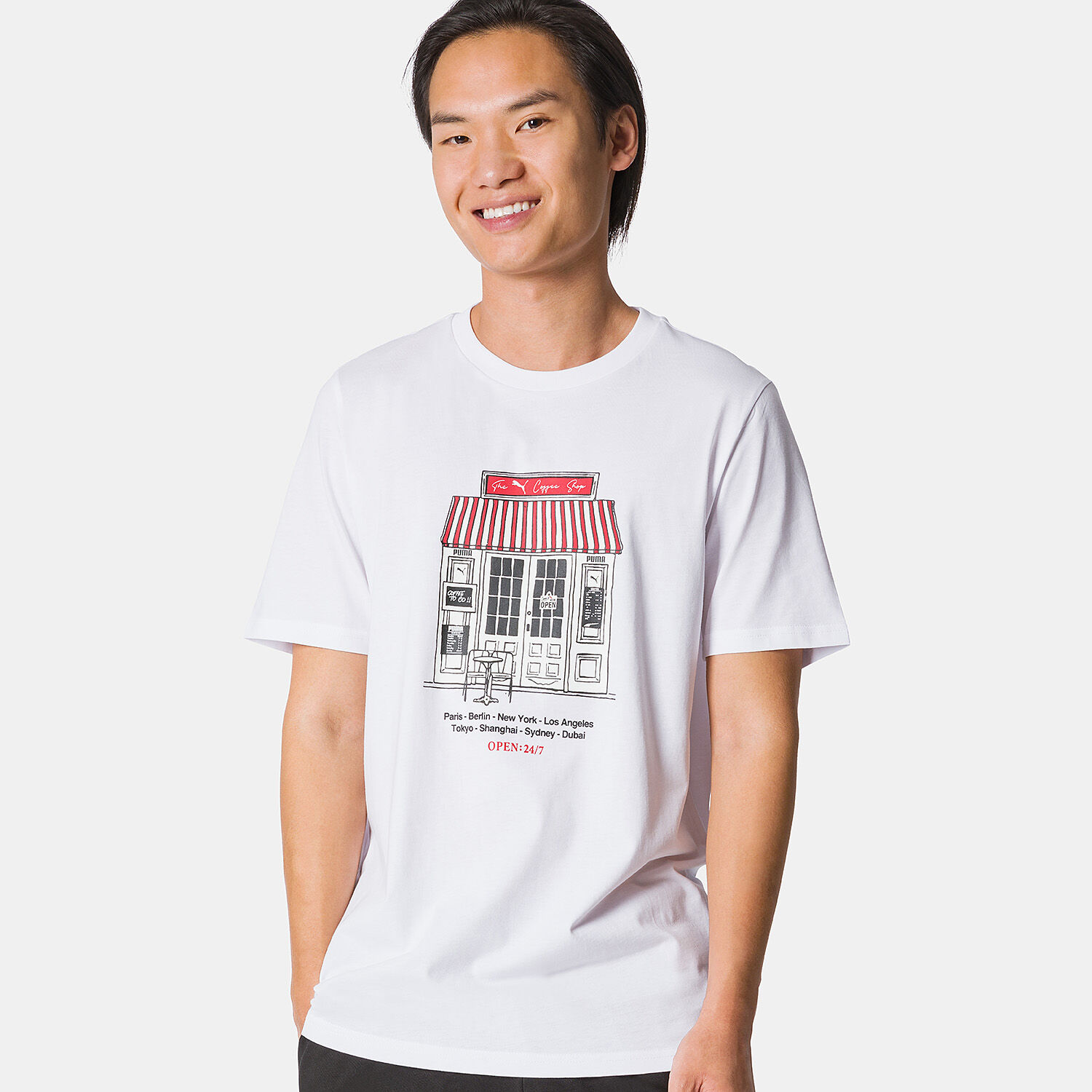 T shirt Puma Graphics Caf bianca rossa e nera AW LAB