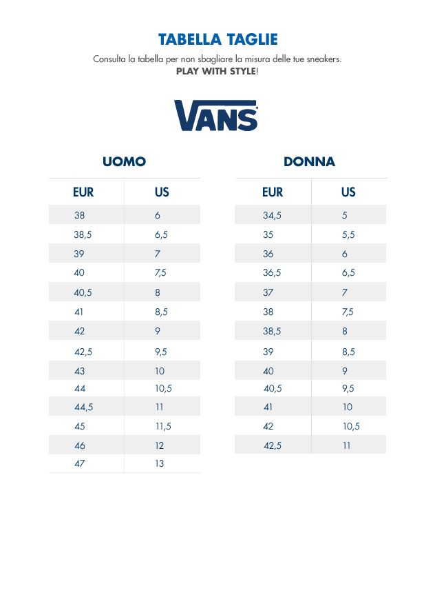 Guida taglie scarpe vans shop
